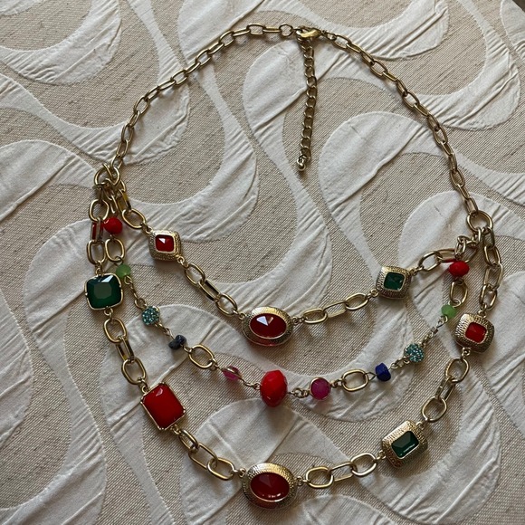 Jewelry - Vintage‎ gold-toned three strand necklace multi-colored faceted acrylic beads